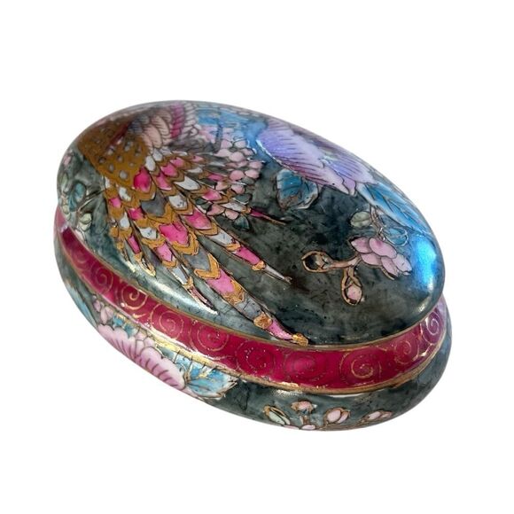 Chinese Porcelain Floral Peacock Trinket Dish w/Lid - Picture 5 of 7